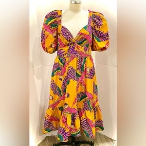Farm Rio Macaw Puff Sleeve Midi Dress, Size XL